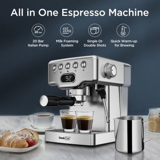Geek Chef 20 Bar Espresso Machine with Milk Frother – Professional Coffee Maker for Latte, Cappuccino, Macchiato & Home Brewing, 1.8L Stainless Steel